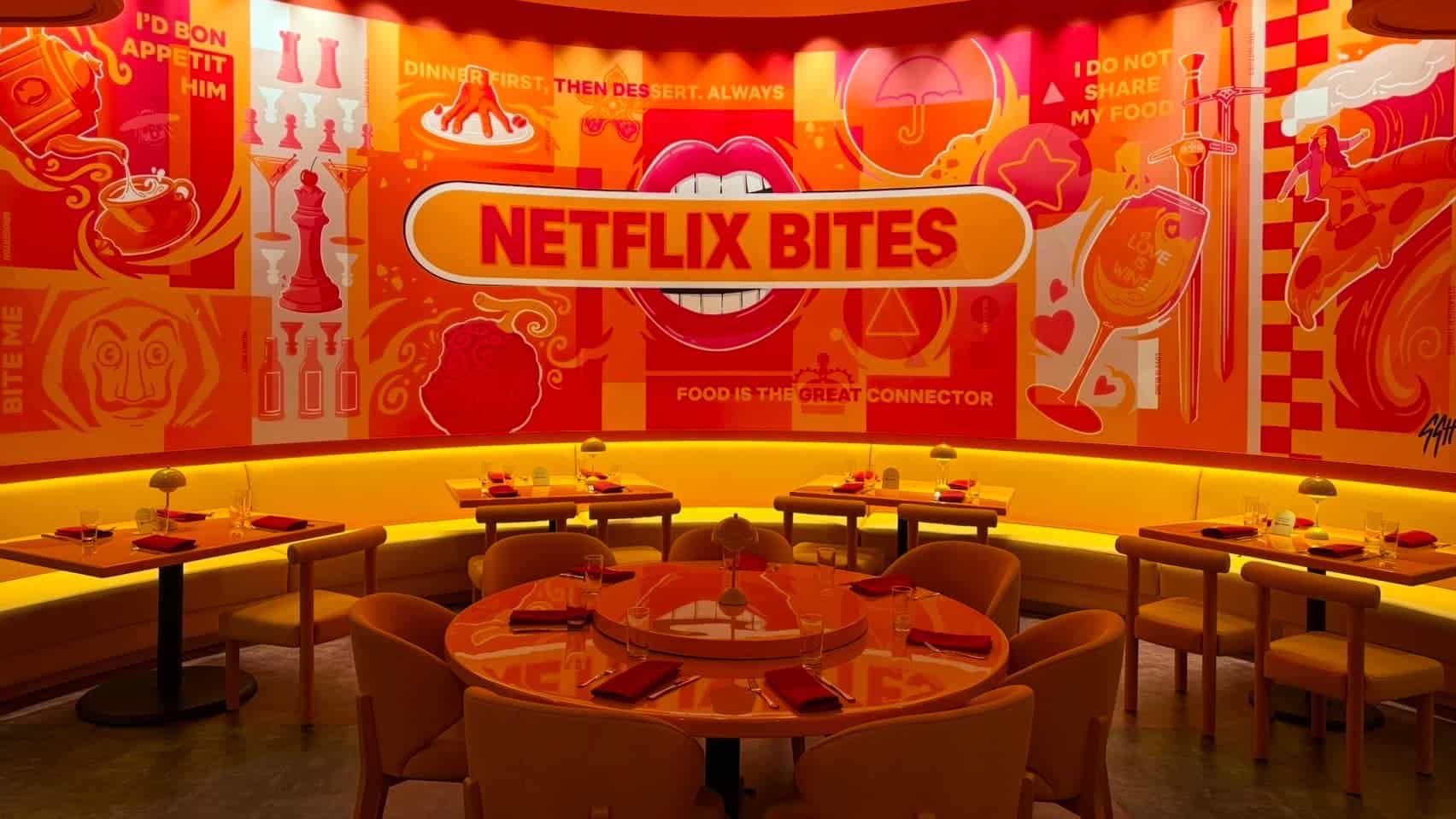 Netflix Bites interior showing themed artwork and dining area